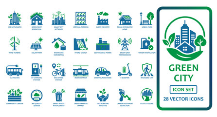 Fototapeta premium Green city and sustainable urban lifestyle solid icon set containing icons for wind turbine, solar panel, electric bus, recycling, and vertical farming for ecology projects.
