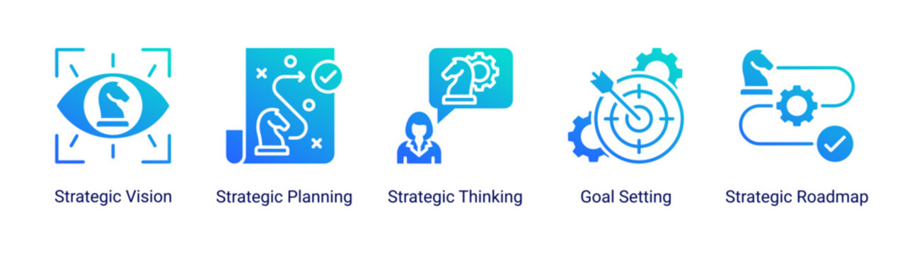 Vision strategy icon set featuring planning,goal setting,roadmap,and strategic thinking concepts for business development and long term success