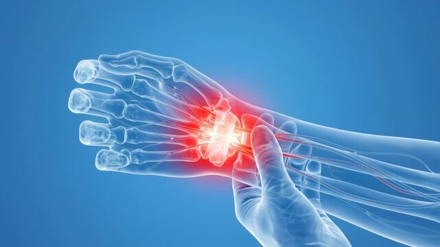 Medical 3D X-ray animation of human hand with glowing red wrist pain, carpal tunnel highlighted, on blue background, 4K video