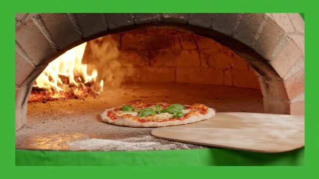 Wood fired oven cooking fresh pizza topped with basil leaves, warm flames glowing inside brick oven, pizza peel sliding pizza in traditional Italian food fire oven creating cozy atmosphere