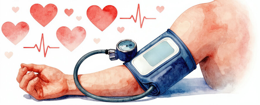 Watercolor illustration shows arm with blood pressure monitor, heart symbols. Person checks vital signs for cardiac health. Medical device measures rate, checkup. Care, wellness, lifestyle concept