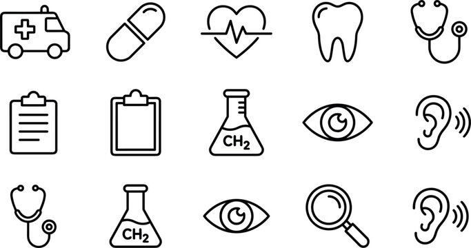 Medical and Healthcare Line Icon Set Featuring Ambulance Hospital Equipment Laboratory Tools and Dental Care Elements