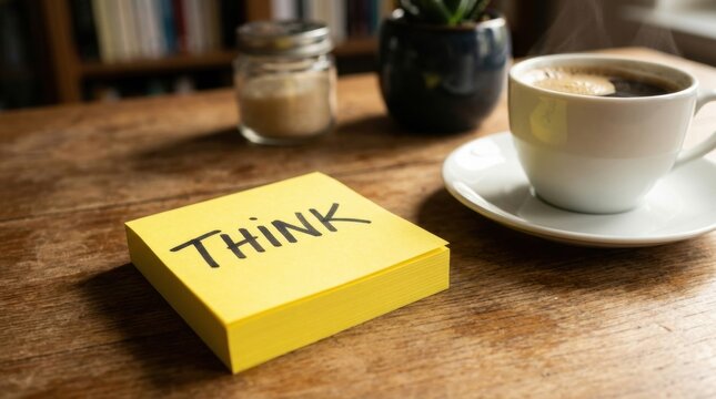 Bright yellow sticky note with the word think written in bold black marker placed on a rustic wooden table next to a steaming cup