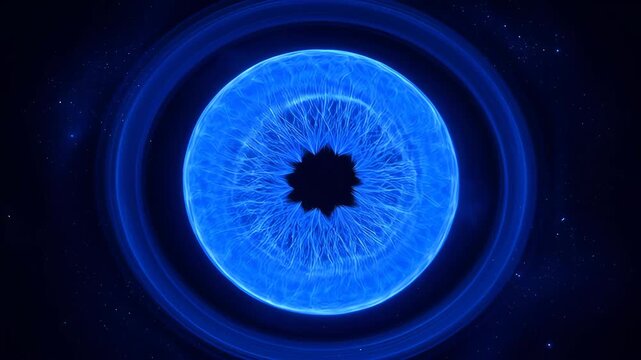 Blue abstract eye glowing circular light futuristic digital iris dark space background electric blue ring radial energy pattern luminous center cosmic orb surreal abstract vision symbol neon texture