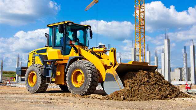 Yellow front loader pushing dirt at a construction site with cranes