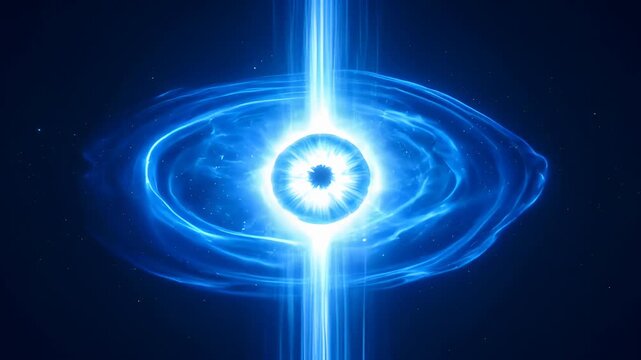 Abstract blue energy orb glow ring cosmic space futuristic digital art, glowing blue light ring in dark space, celestial circular beam and luminous center design