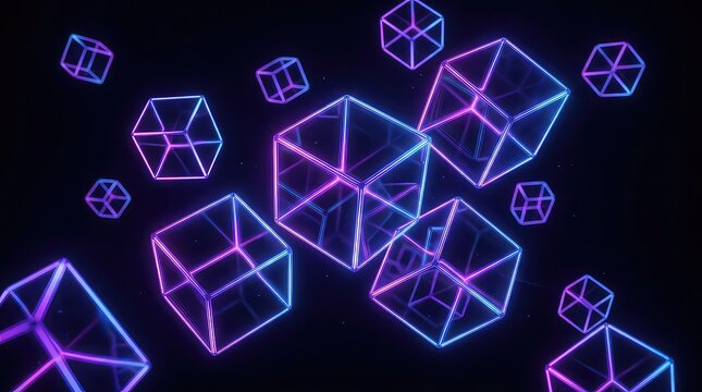 Floating glass cubes with neon acrylic glow edges in dark space futuristic 3d rendering