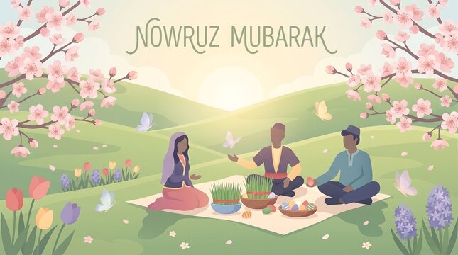 Nowruz Mubarak Celebration with Family in a Spring Landscape.