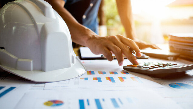 Foreman using calculator on financial reports with hard hat nearby