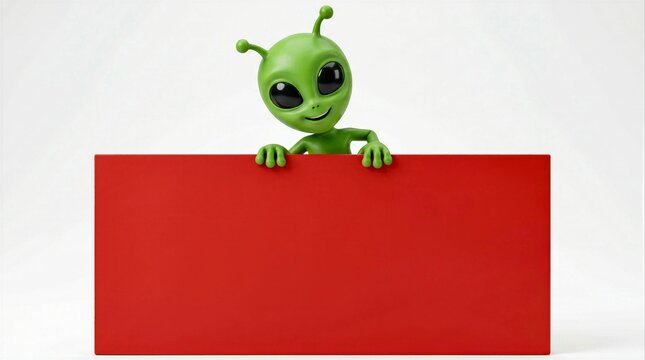 Cute green alien character with big eyes holding a red sign and smiling in a simple background