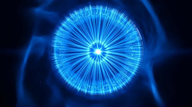 Abstract blue light burst radial energy glow electric circle dark background futuristic luminous beam starburst pattern glowing sphere plasma ring wave abstract science fiction light electric lines