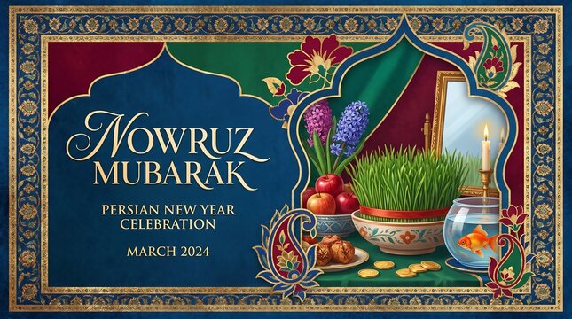 Nowruz Mubarak Persian New Year Celebration with Traditional Haft-Seen Table and Ornate Border.