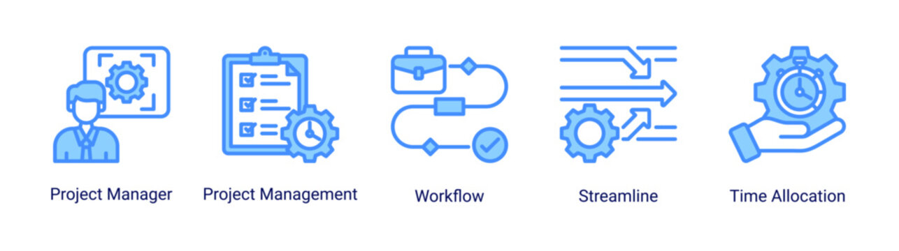 Project flow icon set featuring workflow,time allocation,and management concepts for efficient project execution and business operations