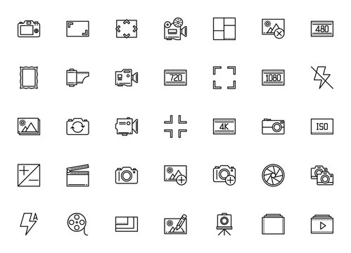 Photo and video icon set. Minimalist camera and video pack. Includes camera, camcorder, film roll, frame, projector, flash, 4k, HD, aperture, iso, clapperboard, resolution, edit tool and more.