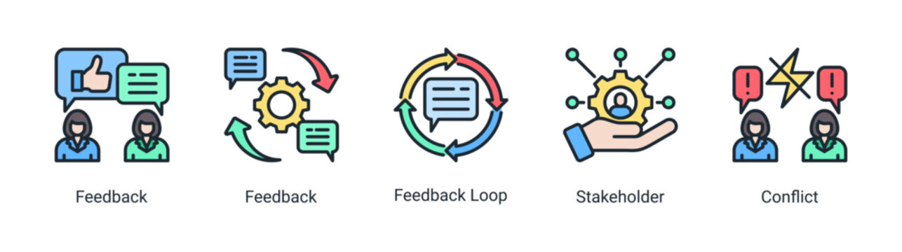 Feedback system icon set featuring stakeholder,conflict,and feedback loop concepts for communication and business improvement