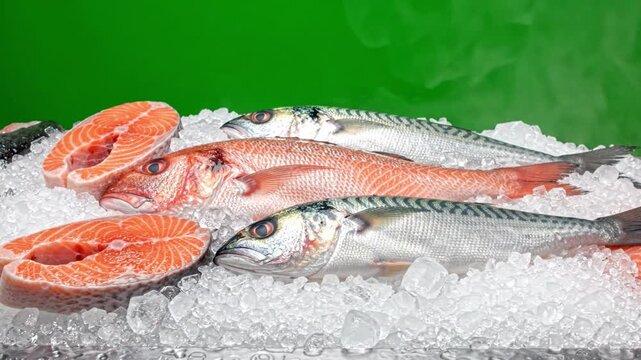 Fresh fish salmon steak raw mackerel red snapper seafood market display on ice with vibrant green background showcasing fresh seafood and appetizing colors for chroma key use