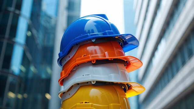 Stack of Colorful Hard Hats Against Modern City Architecture Backdrop