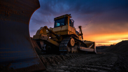 Heavy bulldozer at construction site against dramatic sunset sky, earthmoving equipment © Sabbir Digital