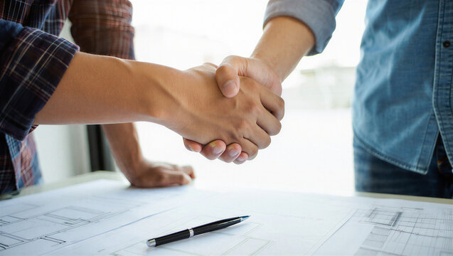 Business handshake over blueprints symbolizing partnership and agreement in construction