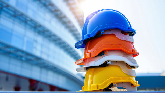 Stack of colorful hard hats for construction site safety and team identification