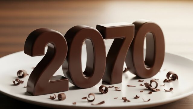 Chocolate numbers 2070 on a white plate with chocolate shavings