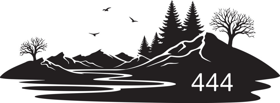 Black silhouette landscape, mountain range, trees, lake, birds, vector icon