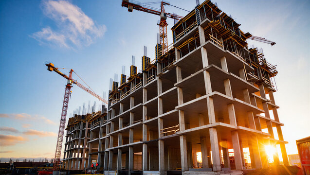 Modern multi-story building under construction with cranes against a vibrant sunset sky.