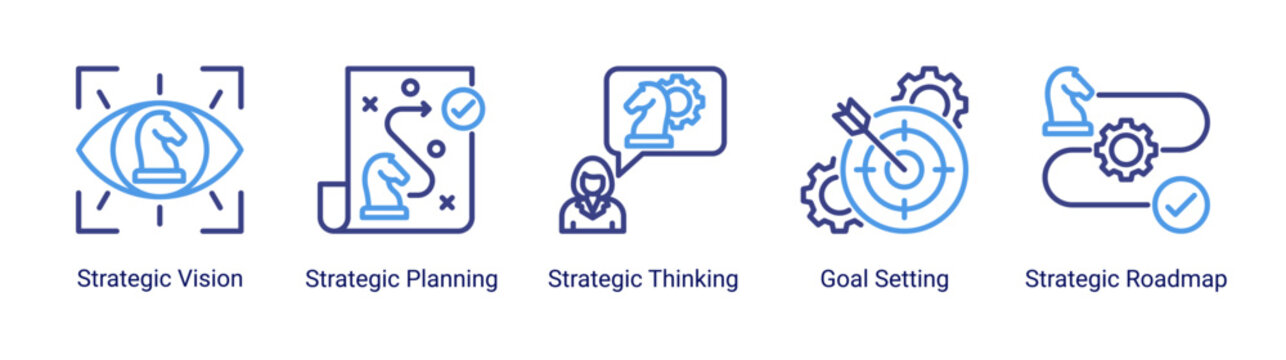 Vision strategy icon set featuring planning,goal setting,roadmap,and strategic thinking concepts for business development and long term success