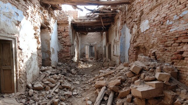 Collapsed interior of abandoned ruined brick building with rubble