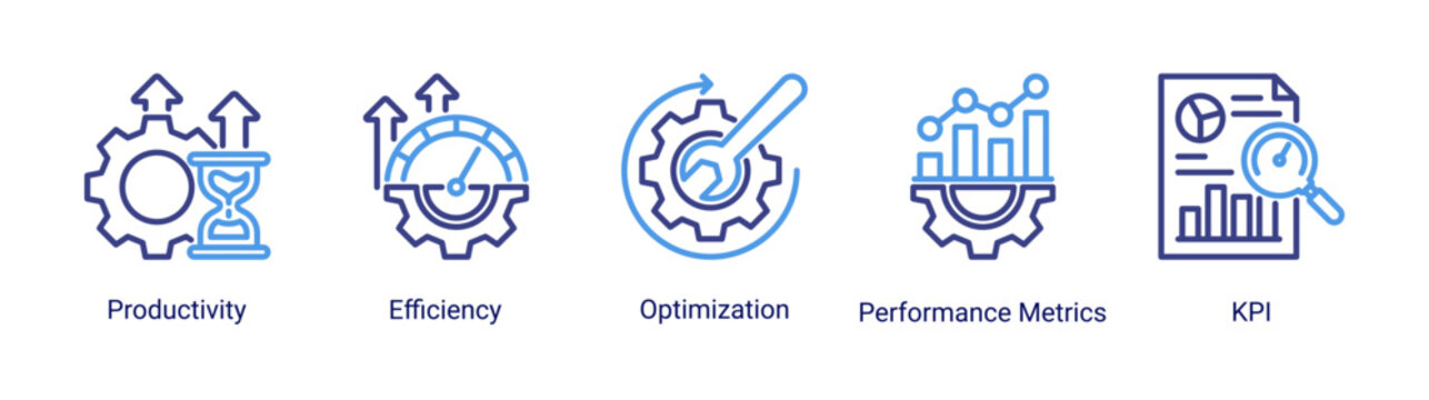 Productivity boost icon set featuring efficiency,optimization,kpi,and performance metrics concepts for business growth and operational improvement