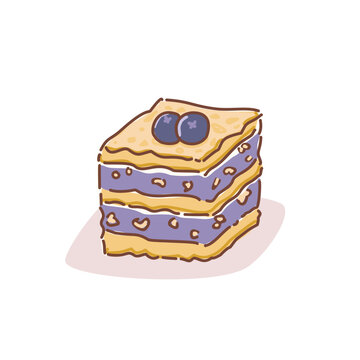 Blueberry cheesecake vector illustration, simple slice blueberry cake drawing
