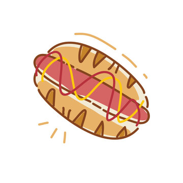 hot dog with tomato sauce and mustard vector illustration, hotdog doodle