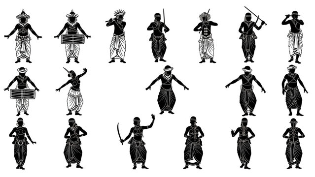 A collection of black and white line art depicting diverse figures in traditional attire, set against a plain backdrop. The art showcases various poses. Icon Sheet Vector