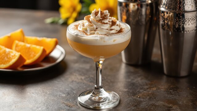 Creamy Dessert in Glass with Citrus Garnish on Dark Table