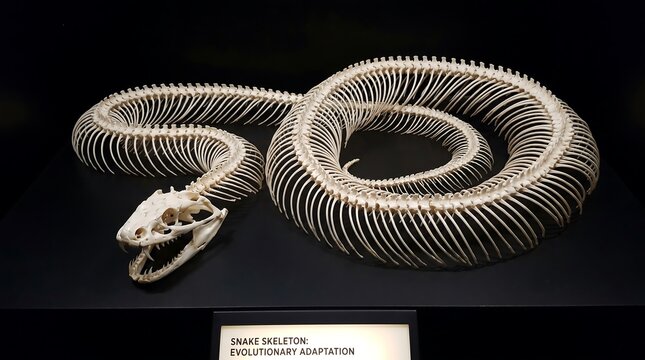 Coiled snake skeleton museum specimen displayed on a black background in scientific exhibit.