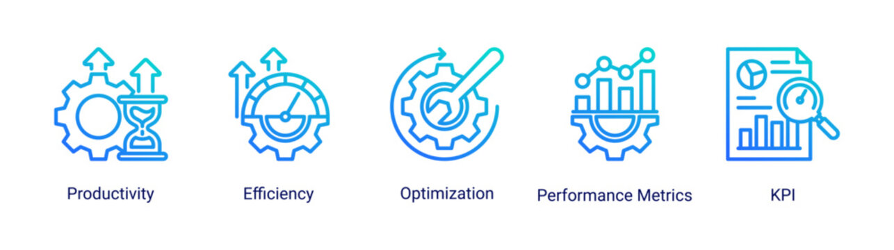 Productivity boost icon set featuring efficiency,optimization,kpi,and performance metrics concepts for business growth and operational improvement