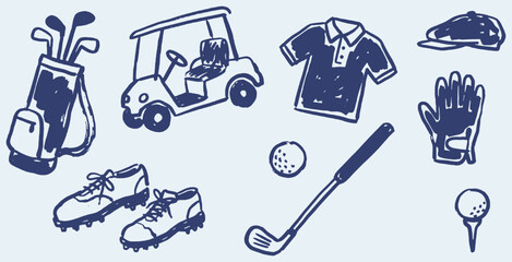 Fototapeta premium Collection of hand-drawn golf equipment icons including a golf bag, cart, shirt, cap, glove, shoes, club, and balls.