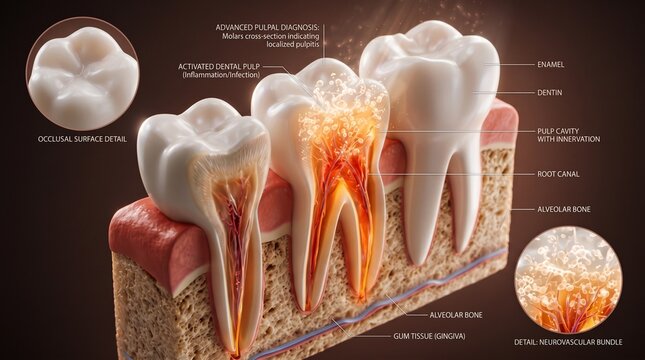 Advanced Dental Pulp Anatomy and Pulpitis Diagnosis Illustration with Tooth Cross Section