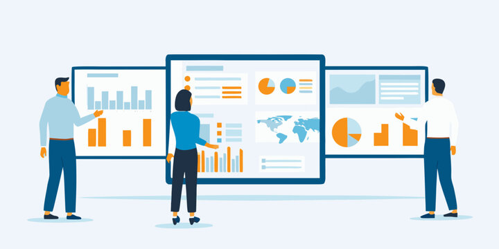 vector illustration of three business professionals analyzing data on a large screen high quality professional