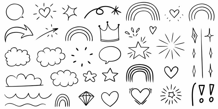 hand drawn doodle set with rainbows hearts stars clouds and abstract shapes on white background