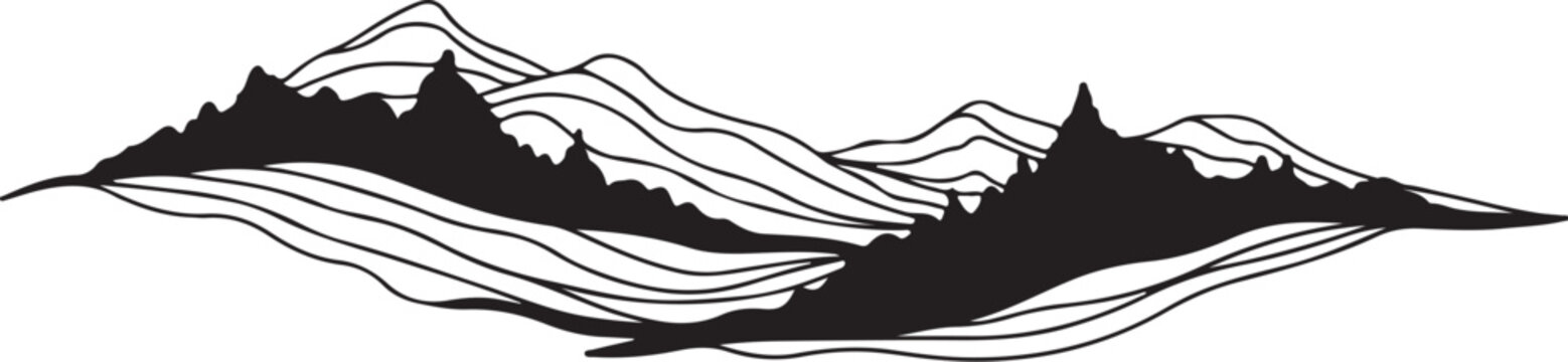 Black mountain range landscape, abstract vector illustration, wavy lines, silhouette, monochrome