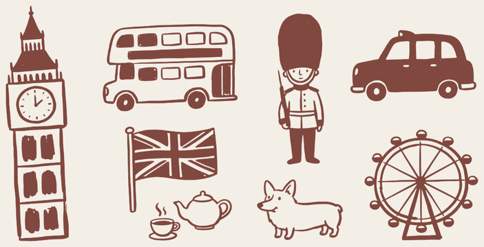 Collection of iconic London symbols and landmarks in a charming doodle art style.