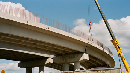 Close-up of highway overpass construction, crane boom and concrete structure against sky © Sabbir Digital