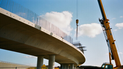 Heavy crane boom and lifting hook over concrete bridge segment under construction © Sabbir Digital