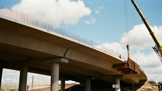 Bridge Deck Under Construction with Crane and Workers