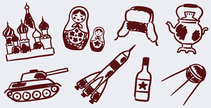 Collection of Russian cultural and historical icons, including Matryoshka dolls, St. Basil's Cathedral, and a Sputnik satellite.