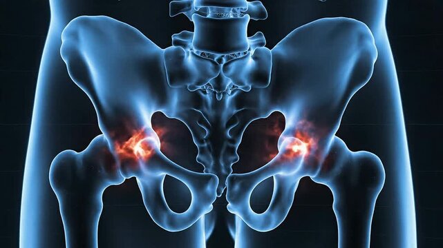 Human skeleton with glowing red hip joints on black background