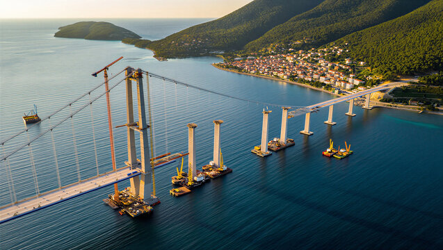 Aerial view of a suspension bridge under construction over the sea.