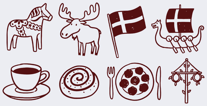 Collection of Scandinavian cultural icons including a Dala horse, moose, Danish flag, Viking ship, coffee, pastry, meatballs, and a maypole.