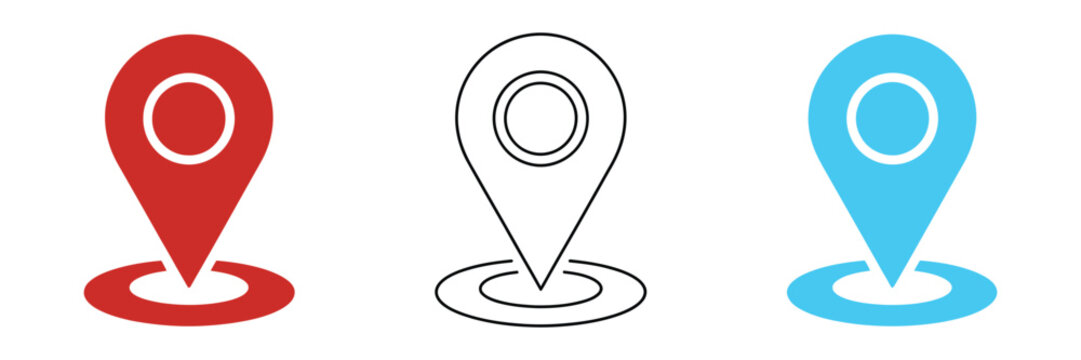 Location icons in black line and blue colors for navigation set of address place icon symbols location pin icon collection map pointer vector illustration design navigation marker concept.